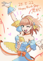 Rule 34 | 1girl, ;d, \||/, aqua eyes, arm up, bare shoulders, blue dress, breasts, celebration! (love live!), character name, choker, collarbone, cowboy shot, dated, detached sleeves, dress, gradient background, hairband, happy birthday, heart, hinoshita kaho, link! like! love live!, looking at viewer, love live!, medium breasts, medium hair, notice lines, nyuma, official alternate costume, one eye closed, open hand, open mouth, orange choker, orange hair, puffy short sleeves, puffy sleeves, short sleeves, smile, solo, strapless, strapless dress, teeth, upper teeth only, virtual youtuber, yellow hairband