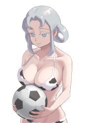 1girl akasode_matsuri_(inazuma_eleven) animal_print ball breasts closed_mouth collarbone cow_print grey_eyes grey_hair holding holding_ball inazuma_eleven_(series) inazuma_eleven_victory_road large_breasts mami-mami medium_hair sidelocks simple_background smile soccer_ball upper_body white_background