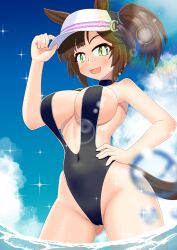 1girl adjuating_headweae animal_ears bare_shoulders blue_sky breasts brown_hair cleavage cloud cloudy_sky commentary_request commission covered_navel cowboy_shot day ganimede green_eyes groin hand_on_own_hip hat highleg highleg_one-piece_swimsuit horse_ears horse_girl horse_tail ines_fujin_(umamusume) large_breasts lens_flare looking_at_viewer medium_hair ocean one-piece_swimsuit open_mouth outdoors side_ponytail skeb_commission sky smile sparkle swimsuit tail umamusume visor_cap wading water white_hat