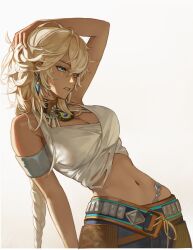 Rule 34 | 1girl, absurdres, argus (reverse:1999), belt, blonde hair, breasts, brown choker, chaps, choker, cleavage, dark-skinned female, dark skin, grey eyes, hand on own head, heterochromia, highres, hip bones, leaning back, long braid, medium breasts, midriff, neck flower, peacock feathers, reverse:1999, scar, scar across eye, scar on face, tank top, wamel (didwatermelon41), white tank top, yellow eyes