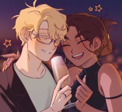 Rule 34 | 1boy, 1girl, alien stage, black dress, black jacket, blonde hair, brown hair, champagne flute, closed eyes, commentary, cup, dark-skinned female, dark skin, dress, drinking glass, earrings, english commentary, finger heart, glasses, highres, holding, holding cup, hoop earrings, hyuna (alien stage), jacket, jewelry, kibstar, luka (alien stage), official alternate costume, rectangular eyewear, shirt, sleeveless, sleeveless dress, smile, turtleneck, turtleneck dress, white shirt, yellow eyes, yellow nails