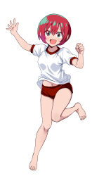 1girl :d absurdres alternate_costume amate_yuzuriha aqua_eyes bare_legs barefoot blush buruma gundam gundam_gquuuuuux gym_shirt gym_uniform highres leg_up midriff navel open_mouth ponzu_rui red_buruma red_hair shirt short_hair short_sleeves simple_background smile solo stomach waving white_background white_shirt