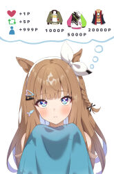 1girl almond_eye_(umamusume) animal_ears blue_eyes blue_hair blunt_bangs blush braid brown_hair chahanramen colored_inner_hair cross-shaped_pupils hair_ornament hairclip highres horse_ears horse_girl like_and_retweet long_hair looking_at_viewer looking_up multicolored_hair side_braid simple_background single_braid solo speech_bubble symbol-shaped_pupils thought_bubble too_many_hair_ornaments umamusume white_background x-shaped_pupils