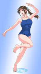 1girl absurdres arm_up artist_logo barefoot blue_background blue_one-piece_swimsuit breasts brown_hair collarbone gradient_background highres logo long_hair looking_to_the_side one-piece_swimsuit open_mouth original ponytail solo standing standing_on_one_leg swimsuit yukikaze_(isamiashi)
