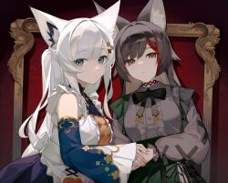 2girls :/ animal_ear_fluff animal_ears apron aqua_eyes back_bow black_bow black_bowtie blunt_sidelocks bow bowtie brown_eyes center_frills chinese_clothes choker cine_(wazd0183) clover_hair_ornament colored_inner_hair cross-laced_clothes cross-laced_sleeves detached_sleeves fingernails four-leaf_clover_hair_ornament fox_ears fox_girl frilled_shirt frills green_shirt grey_shirt hair_ornament heads_together high-waist_skirt highres holding_hands hololive long_hair long_sleeves maid maid_apron mandarin_collar multicolored_hair multiple_girls official_alternate_costume official_alternate_hairstyle ookami_mio ookami_mio_(8th_costume) parted_lips picture_frame pleated_sleeves qi_maid red_streaks shirakami_fubuki shirakami_fubuki_(8th_costume) shirt sidelocks skirt swept_bangs two-tone_skirt upper_body virtual_youtuber white_hair wide_sleeves wolf_ears wolf_girl x_hair_ornament