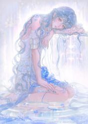 1girl absurdly_long_hair absurdres ankle_flower anklet arm_on_table bare_shoulders barefoot blue_eyeshadow blue_flower blue_hair blue_nails chinese_commentary circlet commentary_request detached_sleeves dress earrings expressionless eyelashes eyeshadow flower frilled_sleeves frills full_body hair_spread_out hamel_(path_to_nowhere) hand_on_own_thigh head_on_arm head_on_table highres jewelry kneeling lipstick long_hair looking_at_viewer makeup nail_polish path_to_nowhere pink_eyes puddle red_lips ripples short_dress short_sleeves solo strapless strapless_dress table very_long_hair water watermark wavy_hair white_background white_dress white_flower white_sleeves xxyt-xx