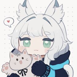1girl :3 :d animal animal_ear_fluff animal_ears arknights black_gloves black_jacket blush cat cat_ears cat_girl cat_tail chibi closed_mouth commentary_request gloves green_eyes grey_background grey_hair hair_intakes heart highres holding holding_animal hood hood_down hooded_jacket jacket looking_at_viewer open_mouth rosmontis_(arknights) short_eyebrows simple_background smile solo someyaya spoken_heart tail thick_eyebrows upper_body