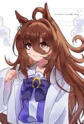 1girl agnes_tachyon_(umamusume) ahoge alternate_hair_length alternate_hairstyle animal_ears bow bowtie brown_hair chemical_structure closed_mouth earrings hair_between_eyes highres holding holding_test_tube horse_ears horse_girl horse_tail huge_ahoge jewelry long_hair long_hair_between_eyes pleated_skirt purple_bow purple_bowtie purple_shirt red_eyes sailor_collar shirt shirt_tucked_in simple_background single_earring skirt smile solo sui_sui0510 sweatdrop tail test_tube umamusume very_long_hair white_background white_sailor_collar white_skirt