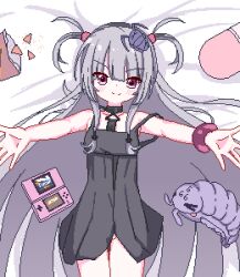&gt;_&lt; absurdly_long_hair animal_hair_ornament bare_shoulders bed_sheet black_choker black_dress blush borrowed_character bracelet breasts chibikki choker closed_mouth commentary convenient_censoring cow crumbs doritos dress english_commentary food_packaging from_above grey_hair groin hair_between_eyes hair_ornament hair_over_shoulder hair_tubes handheld_game_console highres isopod ixo-tan_(ixopod) jewelry long_hair looking_at_viewer looking_up lying nintendo_ds on_back on_bed original outstretched_arms pendant_choker pixel_art reaching reaching_towards_viewer red_eyes short_dress sidelocks sleeveless sleeveless_dress small_breasts smile strap_slip stuffed_toy two_side_up v-shaped_eyebrows very_long_hair