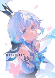 1girl aqua_dress aqua_eyes bare_shoulders blue_fire blue_hair blunt_bangs bow cerydra_(honkai:_star_rail) closed_mouth collared_dress commentary crown detached_sleeves dress english_commentary falling_petals fire hair_bow hair_flowing_over head_tilt highres honkai:_star_rail honkai_(series) jewelry large_bow leaning_back long_hair long_sleeves looking_at_viewer looking_to_the_side looking_up pendant petals pink_petals puffy_long_sleeves puffy_sleeves ribbon shade sleeveless sleeveless_dress solo soupcari standing upper_body wavy_hair white_background
