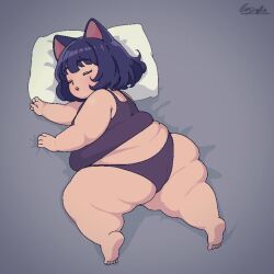 1girl animal_ears ass cat_ears cat_girl fat fat_female fat_woman loli obese obese_female on_bed sleeping solo thick_arms yogen_isogai