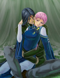 black_hair blue_eyes couple ena_(fire_emblem) closed_eyes facial_mark fire_emblem fire_emblem:_path_of_radiance hug laguz_(race) long_hair nintendo pink_hair rajaion_(fire_emblem) sitting