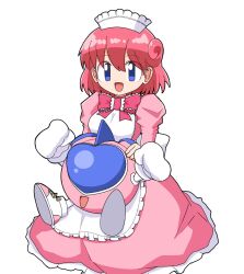 1girl :d apron back_bow blue_eyes bow bowtie breasts cocia_(kosianko) commentary_request creature dress frilled_apron frilled_bowtie frills hair_between_eyes holding holding_creature juliet_sleeves large_breasts long_sleeves looking_at_viewer maid maid_headdress medium_hair open_mouth pastel_(twinbee) pink_bow pink_bowtie pink_dress pink_hair puffy_sleeves simple_background smile twinbee white_apron white_background white_bow winbee