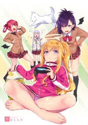 Rule 34 | 4girls, absurdres, artist name, bag of chips, bare legs, barefoot, blonde hair, breasts, brown cardigan, buttons, cardigan, chips (food), collared shirt, detached wings, dog, feet, food, gabriel dropout, gabriel tenma white, green background, gym shirt, hair ribbon, hair rings, halftone, halftone background, hand up, hands on own hips, highres, holding, holding food, indian style, leaning forward, long hair, long sleeves, looking at animal, looking at another, multicolored background, multiple girls, nishimi shin, non-web source, open mouth, own hands together, panties, panty peek, plaid clothes, plaid skirt, playstation controller, ponytail, potato chips, purple hair, purple panties, purple shirt, raphiel shiraha ainsworth, red hair, red skirt, ribbon, satanichia kurumizawa mcdowell, school uniform, shirt, short hair, sidelocks, single sidelock, sitting, skirt, small breasts, sparkle, standing, sweater, toes, underwear, vignette tsukinose april, white background, white cardigan, wings, yellow background