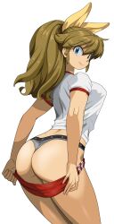 1girl :&gt; absurdres ass blue_eyes bow brown_hair buruma clothes_pull cowboy_shot grey_panties gym_shirt gym_uniform hair_between_eyes hair_bow highres long_hair looking_back m.u.g.e.n midriff oggy_(oggyoggy) original panties ponytail red_buruma ryuko_(oggyoggy) shirt short_sleeves smile solo sports_panties thong transparent_background underwear undressing variant_set yellow_bow