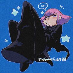 Rule 34 | ..., 1girl, artist name, blue background, blush, cape, commentary request, gundam, gundam zz, haman karn, highres, long sleeves, looking at viewer, mefuku64, pantyhose, pink hair, purple eyes, short hair, simple background, solo, speech bubble, spoken ellipsis, star (symbol), thought bubble, zeta gundam