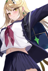 Rule 34 | 1girl, alternate costume, bag, black jacket, black sailor collar, black skirt, blonde hair, breasts, closed mouth, commentary request, earrings, finger to mouth, gem, green gemstone, jacket, jewelry, large breasts, long hair, long sleeves, looking at viewer, midriff peek, mythra (xenoblade), navel, neckerchief, outstretched arm, paid reward available, pleated skirt, red neckerchief, sailor collar, school uniform, serafuku, shirt, simple background, skirt, solo, swept bangs, tiara, tomas (kaosu22), white background, white shirt, xenoblade chronicles (series), xenoblade chronicles 2, yellow eyes