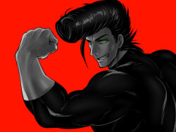Rule 34 | 1boy, akame ga kill!, black shirt, bulat, clenched hand, flexing, green eyes, grin, looking at viewer, loup-garou, male focus, muscular, muscular male, partially colored, pompadour, red background, shirt, smile, solo, upper body