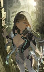 1girl absurdres asymmetrical_bangs backlighting black_nails bodysuit breasts building cleavage commentary_request feet_out_of_frame goddess_of_victory:_nikke grey_eyes grey_hair highres holding holding_weapon large_breasts long_hair looking_at_viewer mole mole_under_eye myabit nail_polish parted_lips post-apocalypse raven_(stellar_blade) raven_suit_(stellar_blade) ruins solo stellar_blade weapon