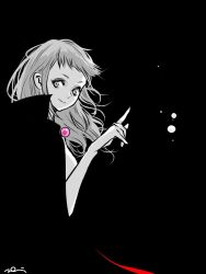 1girl black_background breasts cape commentary final_fantasy final_fantasy_xii greyscale index_finger_raised looking_at_viewer mochi_(hanamaruudondesu) monochrome penelo signature solo super_love_lotion tagme tokimeki_tonight