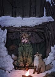 1girl =_= absurdres animal_ears backpack bag bonfire brown_hair camouflage camouflage_pants fox fox_ears fox_girl fox_girl_(yihan_world) fox_tail green_jacket hair_between_eyes highres jacket original pants sitting snow tail winter yihan_world