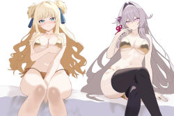 Rule 34 | 2girls, aquamarine725, blonde hair, blue eyes, blush, breasts, covering crotch, covering privates, grey hair, hair intakes, hair ornament, hand on own chest, highres, honkai (series), honkai impact 3rd, large breasts, long hair, looking at viewer, multiple girls, navel, purple eyes, songque, swimsuit, thelema nutriscu, thighhighs