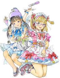 2girls :d animal_hat apron black_hair black_shoes blonde_hair blue_bow blue_bowtie blue_dress bow bowtie bracelet choker dress dress_bow eighth_note food frilled_wrist_cuffs frills frog glasses green_eyes hamos2 hat headphones high_heels highres holding holding_microphone jewelry magical_girl maid_apron maid_headdress microphone multiple_girls musical_note open_mouth original parfait pink-framed_eyewear pink_bow pink_choker pink_dress purple_hat red_bo semi-rimless_eyewear shoes short_sleeves smile socks speaker twintails two_side_up v white_socks wrist_cuffs