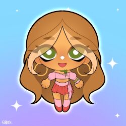 1girl absurdly_long_hair bare_shoulders bead_bracelet beads blonde_hair blue_background bracelet bright_pupils brown_hair chibi choker clover clover_choker commentary cropped_shirt dark-skinned_female dark_skin earrings eyes_visible_through_hair flora_(winx_club) four-leaf_clover gold_earrings gradient_background green_choker green_eyes happy hashtag-only_commentary highres hoop_earrings jewelry kneehighs large_earrings light_blush long_hair looking_at_viewer midriff miniskirt multicolored_hair off-shoulder_shirt off_shoulder open_mouth outline pink_ribbon pink_scrunchie pink_shirt pink_socks pleated_skirt puffy_short_sleeves puffy_sleeves purple_background red_shoes red_skirt ribbon scrunchie shirt shoes short_sleeves signature skirt smile socks solo sparkle standing straight-on streaked_hair two-tone_hair very_long_hair waist_ribbon white_outline white_pupils wikate winx_club wrist_scrunchie