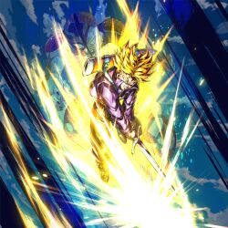 Rule 34 | 2boys, aura, blonde hair, cut in half, dragon ball, dragon ball legends, frieza, green eyes, mecha frieza, multiple boys, official art, serious, super saiyan, sword, trunks (dragon ball), trunks (future) (dragon ball), weapon