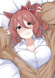 Rule 34 | 1girl, absurdres, animal ears, arms up, bed sheet, black eyes, blush, bow, brown cardigan, brown hair, cardigan, commentary, dress shirt, drill hair, drill sidelocks, ear bow, from above, half-closed eyes, highres, horse ears, horse girl, kasamatsu tracen school uniform, long sleeves, looking at viewer, lying, medium hair, norn ace (umamusume), on back, on bed, open mouth, partially unbuttoned, red bow, school uniform, shijimi (sijimi1917), shirt, side drill, sidelocks, sleeves past wrists, smile, solo, umamusume, umamusume: cinderella gray, white shirt, wing collar