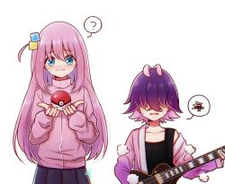 2girls ? alynn610 artist_name black_tank_top blue_eyes blush bocchi_the_rock! closed_eyes closed_mouth colored_inner_hair crossover dot_(pokemon) gotoh_hitori guitar hair_between_eyes hair_ornament hair_over_eyes highres holding holding_guitar holding_instrument holding_poke_ball instrument jacket long_hair long_sleeves multicolored_hair multiple_girls nintendo open_clothes open_jacket open_mouth pink_hair pink_jacket poke_ball poke_ball_(basic) pokemon pokemon_(anime) pokemon_horizons purple_hair short_hair single_off_shoulder spoken_question_mark spoken_squiggle squiggle sweat tank_top two-tone_hair very_long_hair white_background