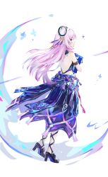 1girl absurdres armlet backless_outfit bare_back bare_shoulders black_shoes blue_skirt citlali_(genshin_impact) commentary genshin_impact high_heels highres holding jewelry long_hair looking_at_viewer luta_(luta_1013) pink_hair ring_hair_ornament shoes simple_background skirt solo standing very_long_hair white_background