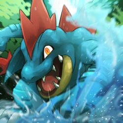 Rule 34 | absurdres, day, feraligatr, gen 2 pokemon, highres, looking at viewer, nintendo, no humans, open mouth, orange eyes, outdoors, pokemon, pokemon (creature), sharp teeth, solo, spicyichizo, teeth, water