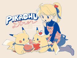 1girl :d apron black_shirt blonde_hair boots burger checkered_apron checkered_clothes cherry chuchu_(pokemon) food food_on_face fruit gen_1_pokemon hair_ornament heart heart_hair_ornament holding holding_burger holding_food looking_at_another nintendo open_mouth pika_(pokemon) pikachu pokemon pokemon_(creature) pokemon_adventures ponytail shirt smile twitter_username yellow_(pokemon) yui_ko