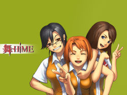 00s 3girls aoi_senoh black_hair blue_eyes brown_hair closed_eyes glasses grin hand_on_own_hip harada_chie hip_focus hug multiple_girls my-hime orange_hair orange_shirt red_eyes red_hair school_uniform senou_aoi serafuku shirt short_hair smile tokiha_mai v