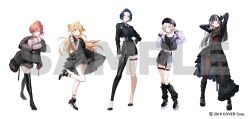 Rule 34 | 5girls, ahoge, alternate costume, arm up, asymmetrical pants, asymmetrical skirt, belt, belt boots, belt buckle, belt collar, beret, black boots, black dress, black hair, black hat, black leg warmers, blonde hair, blue eyes, blue hair, blue necktie, blunt bangs, blunt ends, bodysuit, boots, border0715, breasts, buckle, chest harness, collar, collared shirt, commentary request, company name, contrapposto, copyright notice, covered navel, crop top, cropped jacket, cross-laced clothes, cross-laced skirt, cross-laced top, d&#039;orsay heels, detached sleeves, dress, fine fabric emphasis, fishnet sleeves, fishnet socks, fishnets, forehead, formal clothes, fortissimo, frilled sleeves, frills, full body, fur-trimmed jacket, fur trim, garter straps, green eyes, hair bun, hair ornament, harness, hat, head tilt, high belt, high heels, hime cut, hiodoshi ao, hololive, hololive dev is, ichijou ririka, inward v, jacket, jacket partially removed, jewelry, juufuutei raden, knee up, lapels, layered dress, leg warmers, long hair, long skirt, long sleeves, looking at viewer, medium breasts, midriff, miniskirt, multicolored hair, multiple girls, musical note, musical note hair ornament, nail polish, necklace, necktie, o-ring, o-ring thigh strap, official art, open clothes, open jacket, orange eyes, orange hair, otonose kanade, pants, piano print, pink shirt, platform boots, platform footwear, pleated dress, pleated skirt, purple eyes, purple hair, regloss (hololive), sample watermark, shirt, shoes, short dress, short hair, side ponytail, simple background, single side bun, skin tight, skirt, skirt suit, sleeveless, sleeveless shirt, sneakers, socks, standing, standing on one leg, straight-on, streaked hair, suit, suit jacket, swept bangs, thigh belt, thigh boots, thigh strap, tight clothes, tight pants, todoroki hajime, twirling hair, two-tone hair, undershirt, v, virtual youtuber, watermark, white background