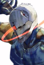Rule 34 | 1boy, absurdres, armor, close-up, cyborg, dutch angle, glowing, gray fox, helmet, highres, ikuyoan, light trail, mask, metal gear (series), metal gear solid, ninja, signature, solo, weapon