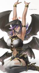 Rule 34 | 1girl, armlet, armpits, bat wings, black wings, bracelet, breasts, choker, closed eyes, clothing cutout, dark-skinned female, dark skin, darklord ixchel, duel monster, fallen angel, head wings, high heels, highres, jewelry, large breasts, long hair, multiple wings, navel, navel cutout, purple hair, simple background, solo, sweat, thighhighs, thighs, tonko from, twitter username, white background, wings, yu-gi-oh!