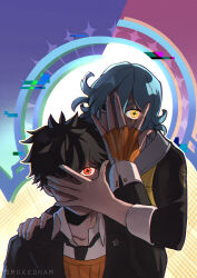+_+ 1boy 1girl absurdres ai_the_somnium_files ai_the_somnium_files:_nirvana_initiative artist_name black_eyes black_hair black_necktie blue_hair collared_shirt commentary english_commentary fingerless_gloves gloves glowing glowing_eye hair_between_eyes hand_on_another&#039;s_face hand_on_another&#039;s_shoulder heterochromia highres lapel_pin lapels long_sleeves looking_at_viewer necktie okiura_mizuki orange_gloves red_eyes ryuki_kuruto shirt short_hair smokedham white_shirt yellow_eyes