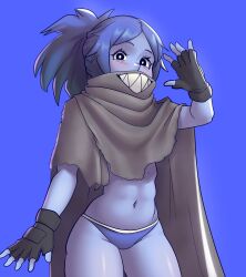 black_eyes black_gloves blue_background blue_hair blue_panties blue_skin brown_cloak character_request check_character check_copyright cloak colored_skin copyright_request covered_mouth cowboy_shot gloves highres itsdoodlez long_hair navel original panties ponytail simple_background underwear