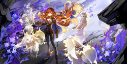 1boy 3girls absurdres ahoge arms_up biker_clothes bikesuit black_bodysuit black_footwear black_gloves black_suit bodysuit breasts chinese_commentary cleavage closed_eyes closed_mouth creature detached_collar earrings family father_and_daughter fire flower formal_clothes from_above from_side genshin_impact gloves hair_between_eyes hair_flowing_over hand_up haumia_(genshin_impact) highres hine_(genshin_impact) huge_ahoge husband_and_wife jacket jewelry large_breasts leather leather_jacket leather_suit light_smile limaomao long_hair long_sleeves looking_at_viewer looking_to_the_side mavuika&#039;s_father_(genshin_impact) mavuika_(genshin_impact) mother_and_daughter multicolored_hair multiple_girls open_mouth partially_unzipped pink_lips purple_flower red_eyes red_hair short_hair siblings sisters standing suit swept_bangs wavy_hair wide_sleeves yumkasaurus_(genshin_impact)