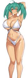 1girl :q absurdres agetama armpits arms_up breasts cleavage closed_mouth commentary_request earrings feet_out_of_frame green_eyes highres ikkitousen jewelry large_breasts long_hair looking_at_viewer navel ryofu_housen simple_background smile solo standing stomach thighs tongue tongue_out twintails underboob white_background