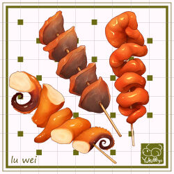 artist_logo artist_name border fish_(food) food food_focus food_name green_border grid_background logo meat octopus original signature skewer still_life white_background yuki00yo