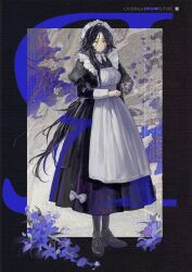 1girl absurdres alternate_costume apron ar-18_(girls&#039;_frontline) black_background black_dress black_hair black_shoes bow commentary cui_pi_zha_xia_qiu dress dress_bow english_commentary english_text enmaided flower full_body girls&#039;_frontline grey_background highres long_hair looking_at_viewer maid maid_headdress purple_background purple_flower shoes solo white_apron white_headdress