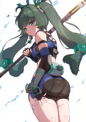 1girl :3 absurdres android ass black_gloves blush braid braided_sidelock enomura_aoumi fingerless_gloves from_behind gloves green_eyes green_hair highres holding holster long_hair looking_at_viewer looking_back police police_uniform policewoman qingyi_(zenless_zone_zero) ribbon robot_girl shorts shoulder_holster side_braids solo standing three_section_staff twintails zenless_zone_zero
