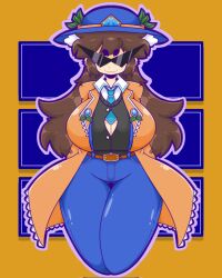 aged_up belt blue_hat breasts brown_hair brown_jacket cleavage curvy formal_clothes gensokyo_odyssey gluteal_fold hat highres huge_breasts jacket kakkoi_elbertson long_hair mature_female mccum69 suit sunglasses thick_thighs thighs touhou triangular_eyewear wide_hips