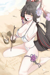 1girl ai_ai_gasa animal_ear_fluff animal_ears bare_shoulders beach bead_bracelet beads bikini blue_archive blush bracelet breasts brown_hair cleavage colored_inner_hair commentary_request drawing_on_sand flower fox_ears fox_girl fox_tail hair_flower hair_ornament halo highres holding holding_stick jewelry large_breasts long_hair looking_at_viewer mangpum_(taro109210) multicolored_hair official_alternate_costume on_ground open_mouth red_hair red_halo sand_writing sandals sitting skindentation smile solo stick swimsuit tail tail_flower tail_ornament thigh_strap thighs unworn_sandals wakamo_(blue_archive) wakamo_(swimsuit)_(blue_archive) wariza white_bikini yellow_eyes