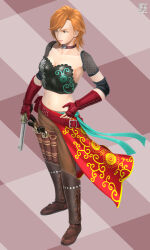 1girl belt breasts brown_eyes brown_pants choker cleavage crop_top detached_sleeves fingerless_gloves fishnet_sleeves fishnets full_body gloves gun handgun holding holding_gun holding_weapon holster holstered manojimerser medium_breasts medium_hair midriff navel orange_hair pants pink_lips plaid_background red_belt red_gloves saika_magoichi_(sengoku_basara) sengoku_basara short_sleeves smirk solo strapless thigh_holster weapon