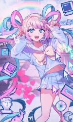 1girl :d blonde_hair blue_bow blue_eyes blue_hair blue_serafuku blue_shirt blue_skirt bow bust_(sculpture) cd chouzetsusaikawa_tenshi-chan cursor dolphin floppy_disk hair_bow highres hourglass index_fingers_raised internet_yamero long_hair long_sleeves looking_at_viewer midriff miniskirt monitor multicolored_hair multiple_hair_bows needy_girl_overdose open_mouth paulandcookie pink_bow pink_hair pleated_skirt pointing pointing_up purple_bow quad_tails rainbow sailor_collar school_uniform serafuku shirt skirt smile solo tiktok_logo vaporwave