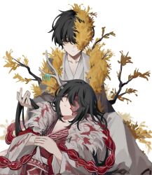 Rule 34 | 2boys, antler ring, antlers, black hair, blood, blood on clothes, branch, burn scar, closed eyes, double-parted bangs, e.g.o (project moon), flower, fur collar, grey robe, hair between eyes, hands on own stomach, highres, hong lu (project moon), horns, knee up, lap pillow, limbus company, looking at viewer, male focus, multiple boys, one eye covered, outstretched hand, playing with another&#039;s hair, project moon, red robe, robe, scar, shirt, sidelocks, spicebush (e.g.o), tears of the tarnished blood (e.g.o), white background, white shirt, wuzinan19, yellow eyes, yellow flower, yi sang (project moon)